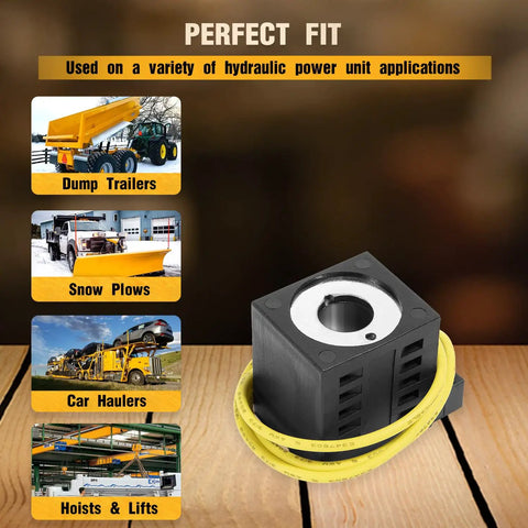 10V DC 25W Solenoid Coil For Valve Stem Series 08 80 88 98 Replacement For Dump Trailers Hydraulic Power Units Snow Plows Hoists Lifts With Single Lead Wire Fits 10226-37 Durable Construction For Long Lasting Performance, shown with applications.