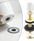 Heavy Duty Toilet Floor Bolts And Metal Flange Kit With Caps Nuts And Washers Solid Two Pack Bathroom Hardware shown with toilet base and assembly.