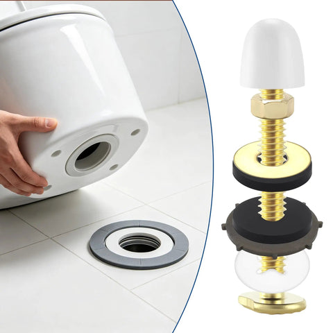 Heavy Duty Toilet Floor Bolts And Metal Flange Kit With Caps Nuts And Washers Solid Two Pack Bathroom Hardware shown with toilet base and assembly.