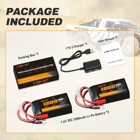 Package with Power Up Your RC Ride With 7.4V 1200mAh LiPo Battery 2S 35C Burst 70C PH2.0 JST Plug And 1to2 USB Charger