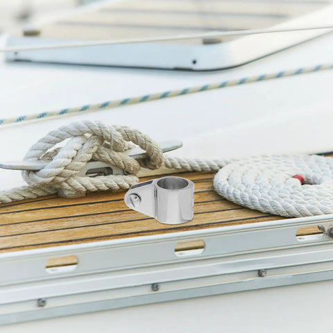 Stainless Steel Bimini Top Ball Cap For 25mm Tubes Marine Boat Hardware Easy Install No Fuss Mounting For Deck And Umbrella Shaft On Floating Docks And Yacht Canopy With Quick Release Eye End, shown on boat deck