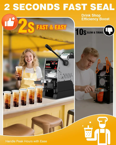 Pro Grade Cup Sealer For Bubble Tea And Coffee, Semi Automatic Electric Boba Sealer with Auto Film Alignment showcasing fast sealing