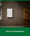 Maestro LED Plus Dual Dimmer And Switch Two In One Control for 75 Watt LED Bulbs and 2.5 Amp Fans installed on a wall