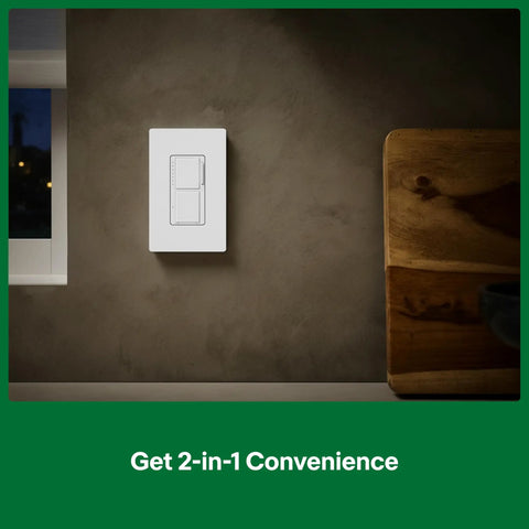 Maestro LED Plus Dual Dimmer And Switch Two In One Control for 75 Watt LED Bulbs and 2.5 Amp Fans installed on a wall