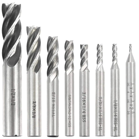 Dope Pro Grade HSS 4 Flute End Mill Cutter Set With Straight Shank Square Nose Eight Size Range From One Sixteenth To One Half Inch High Precision Heavy Duty Milling Bits For Wood Aluminum Plastic Metalworking