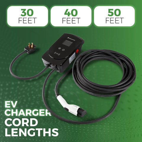 Level 2 Electric Vehicle Charging Station 50 Amp Adjustable 30 Ft Cable 220 Volt Nema 14-50p Plug For Tesla And Your Daily Rig Pulling Top Shelf Fast Home Power With Smart Chip with a display and cord options.