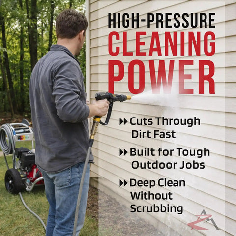 Man using 2400 PSI Pressure Washer Water Pump Beefed Up Replacement for Excell and Devilbiss A07908 DT2400CS on siding