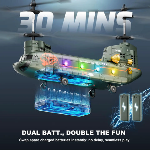 Remote Control Helicopter For Kids And Military Fans With Altitude Hold And One Key Takeoff And Landing LED Lights Two Easy Swap Modular Batteries