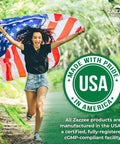 Happy woman with USA flag beside 'Made with Pride in America' label, promoting Mega Potent D Mannose 1000 Mg Per Serving, 180 Vegan Capsules