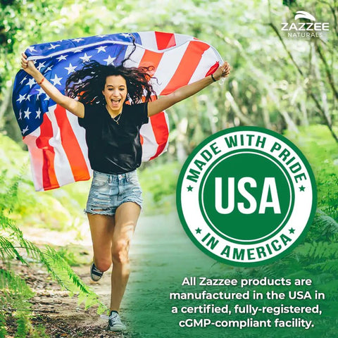 Happy woman with USA flag beside 'Made with Pride in America' label, promoting Mega Potent D Mannose 1000 Mg Per Serving, 180 Vegan Capsules