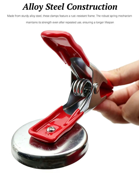 Two Pack Heavy Duty Magnetic Spring Clamps With Solid Magnet Base For Woodworking, Craft, And Workshop Use, Multi Purpose Metal Clamps, Non Slip PVC Handles, Strong Magnetic Grip, Direct Metal Surface Attachment, alloy steel clamp on metal base