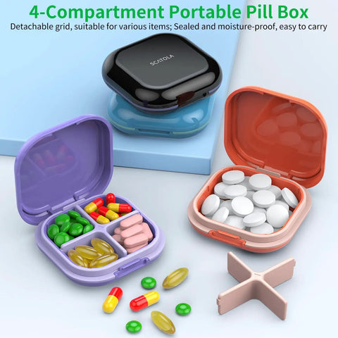 Portable 4 Compartment Pill Organizer with vitamins and tablets in colored cases, compact design for purse or pocket travel.