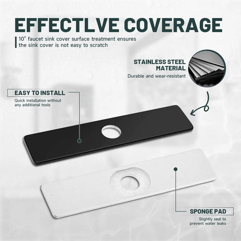 Matte Black Faucet Plate 10 Inch Long Rectangle Sink Hole Cover For 1 Or 3 Hole Faucets, stainless steel, sponge pad demo
