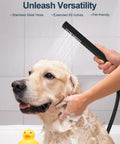 GRANDJOY Dual 12" Shower System with Handheld Spray, Matte Black, used to wash a dog with a stainless steel hose.