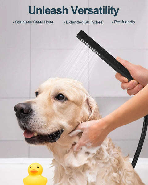 GRANDJOY Dual 12" Shower System with Handheld Spray, Matte Black, used to wash a dog with a stainless steel hose.