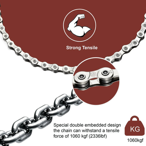 Heavy Duty E Bike Chain Kit For 6 7 8 Speed With 136 Links Built Tough High Tensile Strength Anti Break Anti Corrosion And Anti Rust Drive Chain Includes Chain Pliers With Hooks Chain Remover And Two Pairs Quick Release Buckles, chain strength graphic