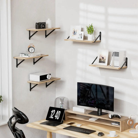 Heavy Duty Steel Wall Mount Shelf Brackets 4x3 Inch Black L Brackets with wooden shelves displaying decor and tech.