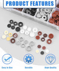 Screw Cap Covers Kit 800 Pcs Two Styles Hinged And Snap Covers in 9 Colors displayed with features like easy to use, durable, high quality.