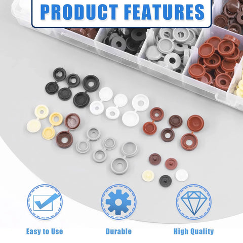 Screw Cap Covers Kit 800 Pcs Two Styles Hinged And Snap Covers in 9 Colors displayed with features like easy to use, durable, high quality.