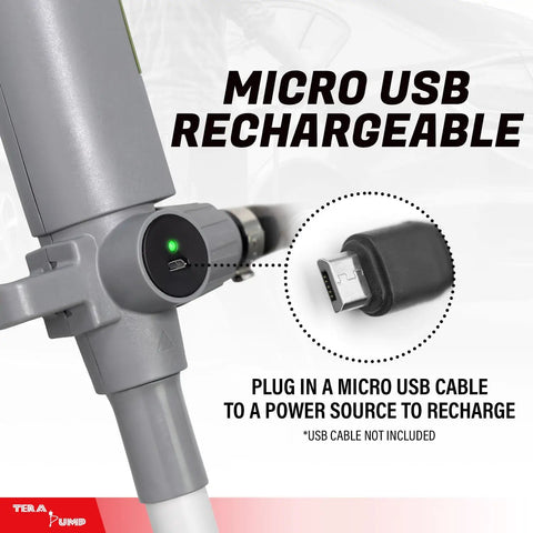 Heavy Duty Fuel Transfer Pump With Slick Quick Flow Control Nozzle And 10 FT Vinyl Discharge Hose showing micro USB recharge feature.