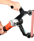 Top Shelf Heavy Duty Pipe And Tube Polisher With Fifty Sanding Belts 800W Variable Speed Motor in use, showing hand grip and sanding belt.