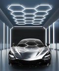 Hexagon LED Garage Light 14 Grid Octagon Shop Light 6500K Daylight White Hella Bright 61560 Lumens Energy Efficient for Workshop Gym Warehouse Car Wash White 57 Pack installed in garage ceiling with car underneath