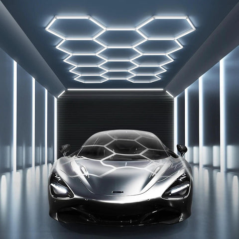 Hexagon LED Garage Light 14 Grid Octagon Shop Light 6500K Daylight White Hella Bright 61560 Lumens Energy Efficient for Workshop Gym Warehouse Car Wash White 57 Pack installed in garage ceiling with car underneath