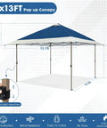 13x13 No Fuss Quick Setup Pop Up Canopy Tent Shelter With Wheeled Carry Bag Portable Commercial Gazebo For Outdoor Events Includes Sandbags Stakes And Ropes Navy That Stays Stable In Wind shown fully assembled with dimensions.