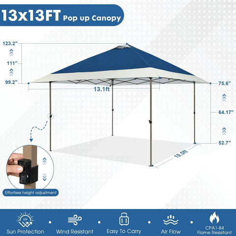 13x13 No Fuss Quick Setup Pop Up Canopy Tent Shelter With Wheeled Carry Bag Portable Commercial Gazebo For Outdoor Events Includes Sandbags Stakes And Ropes Navy That Stays Stable In Wind shown fully assembled with dimensions.