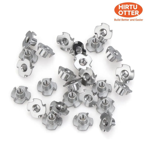 Top Shelf 304 Stainless Steel T Nuts M8 Four Prong 25 Count Pack locks for cabinetry assembly, showing various angles of fasteners.