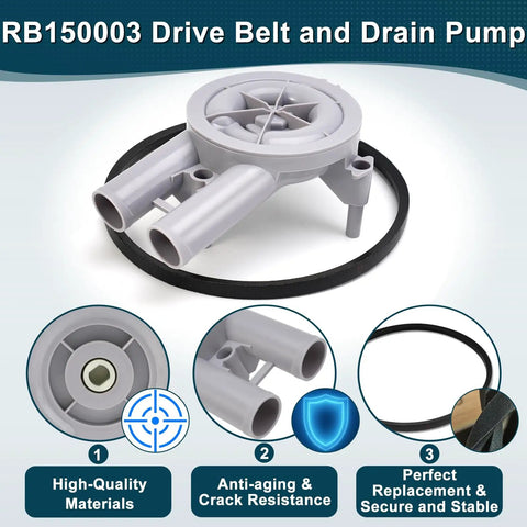 Upgraded RB150003 Washer Drain Pump And Belt Kit 8x6x3.4 Inch with pump models 201566P, 205217P, 27001036