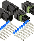 Heavy Duty 4 Pin Weather Pack Connector Kit With Dual Housing Shrouds And Sealed Terminals For 10 To 12 Gauge Wire, black housings