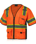 Kickass Mens High Visibility Mesh Safety Vest With Ten Functional Pockets And Zipper Front Ansi Class Three Reflective Work Gear, orange with gray stripes and zipper.