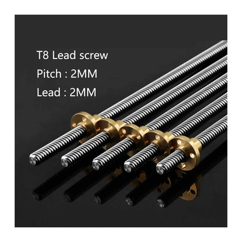 2 Pack T8 Leadscrews With Brass Nuts And Stainless Steel Rods, 500mm Length, 2mm Pitch, ideal for 3D printer Z axis use