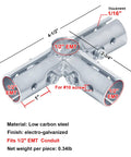12 Pack Rock Solid Four Way Cross Emt Conduit Connector And One Half Inch Electrical Pipe Clamp Fitting With No Sweat Bolt Kit Low Carbon Steel And Durable Blue Coating For Easy Wiring Installations, showing dimensions and features.