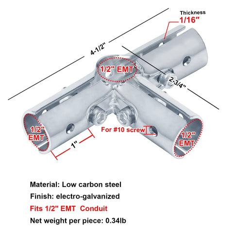 12 Pack Rock Solid Four Way Cross Emt Conduit Connector And One Half Inch Electrical Pipe Clamp Fitting With No Sweat Bolt Kit Low Carbon Steel And Durable Blue Coating For Easy Wiring Installations, showing dimensions and features.