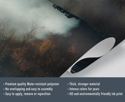 Epic Locomotive Through Foggy Forest 3D Wall Mural Dope Train Adventure Wallpaper, silk cloth corner detail, living room decor.