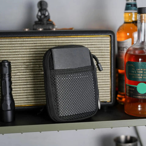 EDC Pocket Organizer Pouch with DIY patches area mesh pocket displayed on a shelf, compact size and utility design.