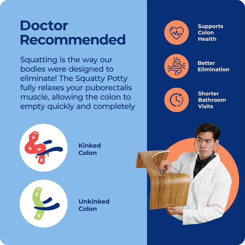 Doctor holding teak wood toilet stool against blue background with health benefits and colon diagram.