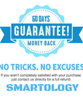 60-day money back guarantee badge with text 'No Tricks. No Excuses' and brand name 'Smartology' in blue.