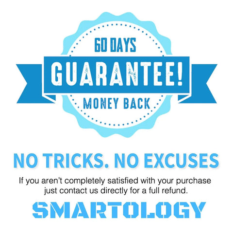 60-day money back guarantee badge with text 'No Tricks. No Excuses' and brand name 'Smartology' in blue.
