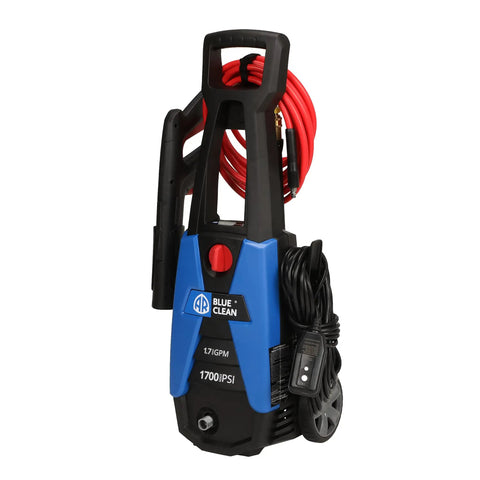 Electric Pressure Washer 1700 PSI 1.7 GPM With 11 Amp Motor, Foam Cannon, compact design on trolley with hose and power cord.