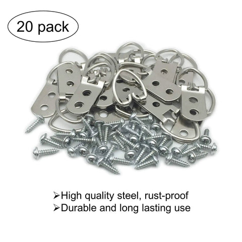Heavy Duty D Ring Steel Picture Hangers With Screws 20 Pack Double Hole Clips displayed with screws for wall decor