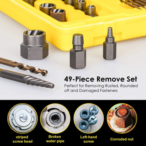 49 Piece Screw Extractor And Drill Bit Set For Removing Broken Studs Bolts Socket Screws And Fittings on display with components