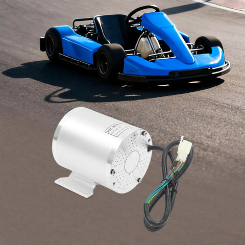Beefy 1000W 36V Brushless DC Motor Kit With Sprocket Controller next to a blue go-kart on a track