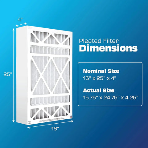 Furnace And HVAC Air Filter 16 By 25 By 4 Inches MERV 11 For Allergy Relief And Clean Air, filter dimensions shown on blue background
