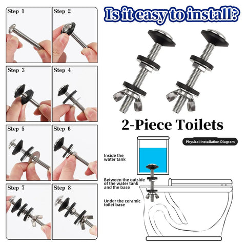 Universal Toilet Tank To Bowl Bolt Repair Kit Four Piece Solid M8 Silver Hardware installation steps diagram for 2-piece toilets.