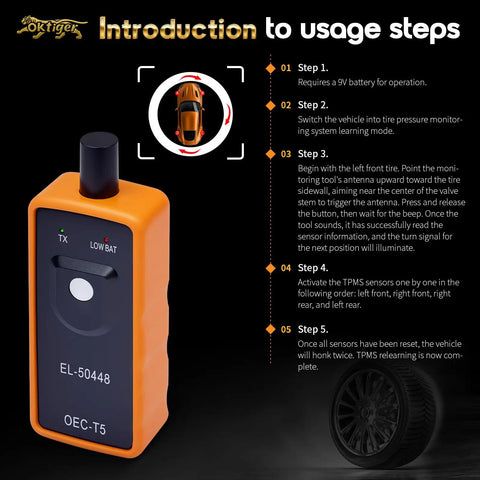 No Hassle Tpms Relearn Tool For Gm Cars El 50448 with usage steps for activating tire pressure sensors and resetting warnings.