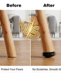 Comparison of chair leg before and after using Heavy Duty 1 1/4 Inch Furniture Sliders Self Adhesive Glide Pads for Carpet and Hardwood Floors.