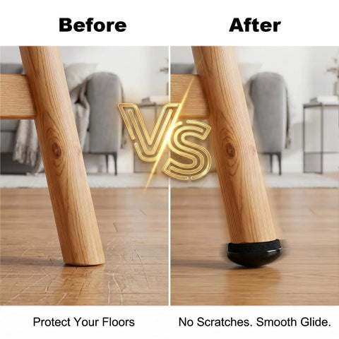 Skip The Drag With Self Adhesive Furniture Sliders That Glide Heavy Chairs Across Carpet And Hardwood Floors While Acting As Reliable Chair Glides And Floor Pads For Your Home, before and after comparison of chair leg.